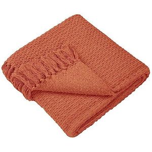Drift Home - Terracotta plaid met kwastjes (200 x 200 cm) - Duurzaam gerecycled katoen - Geweven deken in terracotta - Wevende/getextureerde bankdeken oranje - oranje terracotta deken extra groot