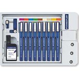 STAEDTLER Inkttekenset Mars matic, 9 inkttekeningen in gesorteerde lijnbreedtes, tekentabletten, sjabloneerstuk, niet indrogen, gelijkmatige inktafgifte, 700 S9