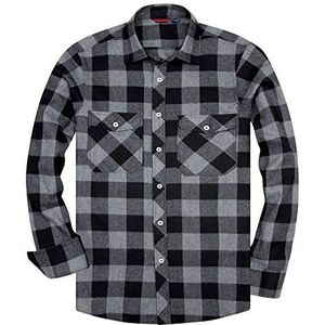 siliteelon Mannen lange mouw casual geruite flanellen overhemd geruit button down shirts, Grijs, XL
