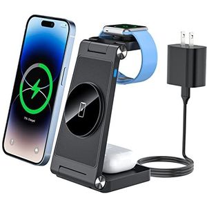 SUTOUG 3-in-1 draadloze oplader Mag-Safe laadstation met 18 W AC-adapter, compatibel met iPhone 15/14/13/12 Pro Max Plus, flodable reislaadstation voor Apple Watch en Air Pods