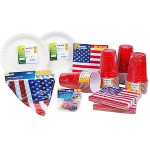 HEKU 191-delige USA partyset I papieren borden Ø23cm, rode bekers, 3-laags servetten 33x33cm, decoratieve picker, 10m vlaggetjesslinger I Perfect voor themafeesten en nationale feestdagen