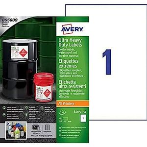 Avery B4775-50 (210 x 297 mm) Extra sterke lijm, Ultra Heavy Duty Industrial Waterproof GHS Labels, 1 Label per A4 Sheet