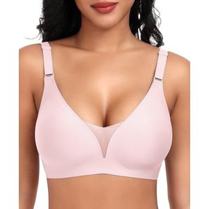 Womens Seamless Deep V Bras No Underwire Comfort Push Up Mesh Bras Lace Wireless Bralette Everyday Bra（Pink,2XL
