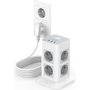 TESSAN 5M Verlengkabel, Meervoudige Contactdoos, Overspanningsbeveiliging, 8-voudige Stekkerdoos met 3 USB, Meervoudige Stekkerverdeeldoos met 5M Verlengsnoer, Stopcontact Toren voor Thuis 3600W 16A