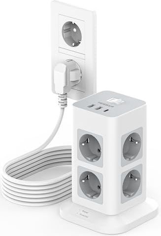 TESSAN - Meervoudige Contactdoos - 5M - 8-voudige Stekkerdoos met 3 USB - Overspanningsbeveiliging - 3600W 16A