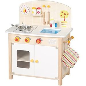 Roba Speelkeuken, houten kinderkeuken wit/naturel, speelgoedkitchenette met 2 kookpunten, gootsteen, kraan en accessoires