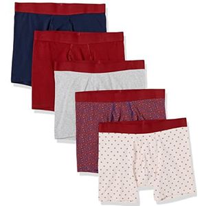 Amazon Essentials Boxershort voor heren, katoen, jersey (verkrijgbaar in Big & Tall), 5 stuks, donkerrood/gemengde print, XS