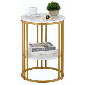 Relaxdays bijzettafel marmer look, met opbergruimte, woonkamer, metaal, mdf, salontafel rond, HxØ 56x40 cm, wit-goud
