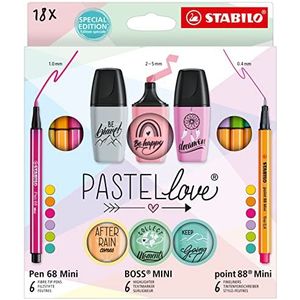 Stiften set - STABILO Pastellove set - 18 stuks etui - Fineliner, premium viltstift en tekstmarkeerstift