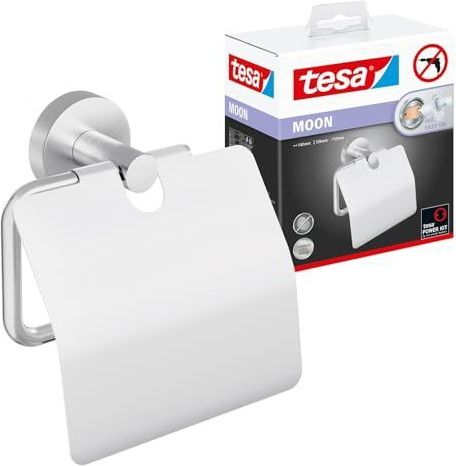 tesa MOON toiletrolhouder met klep, verchroomd metaal, zelfklevend, 53 mm x 140 mm x 128 mm