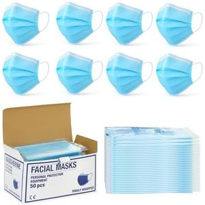 Bottari Wegwerp gezichtsmaskers, 3-laags, afzonderlijk verpakt, CE-gecertificeerd, persoonlijke beschermingsmiddelen, met zachte elastieken, verpakking van 50 stuks