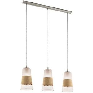 EGLO Hanglamp Burnham, 3 lichtpunten, vintage, retro, hanglamp van staal, glas en bast in mat nikkel, wit, natuur, eettafellamp, woonkamerlamp hangend