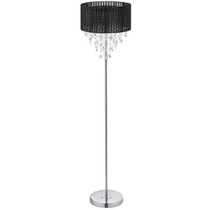Relaxdays staande lamp met kristallen, stoffen lampenkap, E27 fitting, HxØ: 150 x 37,5 cm, ronde vloerlamp, zwart/zilver