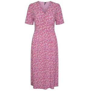 PIECES Pctala Ss Midi Dress Noos Bc Jurk voor dames, Hot Pink/Aop: Multi Flower, L