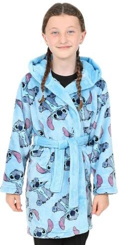 Lilo and Stitch blauwe fleece ochtendjas voor meisjes Fleece badjas met capuchon voor kinderen, Blauw, 8-9 jaar