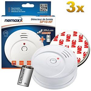 3X NEMAXX SP10-NF Rookmelder - hoogwaardige Rookdetector met gevoelige foto-elektrische technologie volgens DIN EN 14604 met NF-certificaat + 3X NEMAXX magneethouder