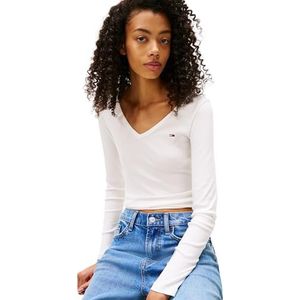 Tommy Jeans - TJW Slim Essential Rib V LS - T-shirt - Wit