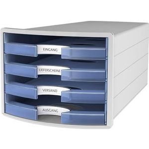 HAN Ladebox IMPULS 2.0 met 4 open laden voor DIN A4/C4 incl. tekstborden, uittrekblokkering, meubelvriendelijke rubberen voeten, premium kwaliteit, 1013-64, lichtgrijs/doorschijnend blauw