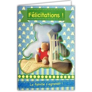 AFIE Gefeliciteerd kaart geboorte of adoptie baby jongen met pailletten en blauwe envelop, 12 x 17,5 cm, het gezin groeit uitsnijding perforatie in de vorm van een teddybeer van pluche, 66-1017-A