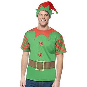 Smiffys Heren Elfen Instant Kit kostuum, bedrukt T-shirt en muts, maat: M, 39837, groen