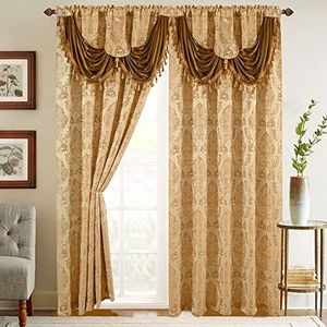 Elegant Comfort Jacquard look gordijnpaneel set met bijgevoegde waterval volant, (set van 2), 137 x 213 cm, goud/camel