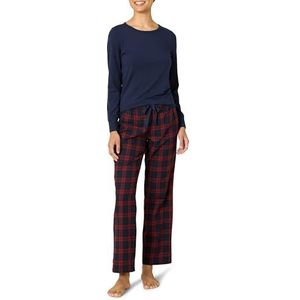 Amazon Essentials Lichtgewicht flanellen broek voor dames en lange mouwen T-shirt slaapset (verkrijgbaar in grote maten), bordeauxrood geruit/marineblauw, XXL