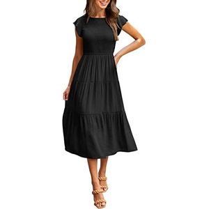 MEROKEETY Women's Summer Smocked Midi Dress Flutter Sleeve Elastic Waist Tiered Midi Long Dress,Black,XS