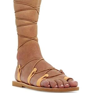 38 beige emmanuela kalf hoge lederen sandalen in oude Griekse stijl, handgemaakte gladiator bindingandalen, hoge kwaliteit riemchen zomer schoenen, boho chique teen ring kant sandalen
