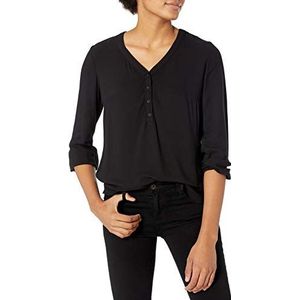 Amazon Essentials Women's Popover shirt met driekwartmouwen en knoopsluiting, Zwart, M