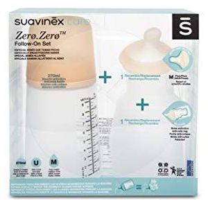 Suavinex, Zero Zero Medium Flow Anti-koliek Fles Pack. 270 ml fles met medium flow speen + vervanging voor speen met gemiddelde doorstroming + reservezak tegen koliek, voor baby's + 3 maanden