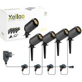 Xelloo® tuinverlichtingsset JERO, 12 Volt, 4 stuks aluminium/PVC designarmaturen 1W LED warm wit met aardespies, IP44 en met schuifaansluiting, makkelijk en veilig zelf uw tuinverlichting installeren