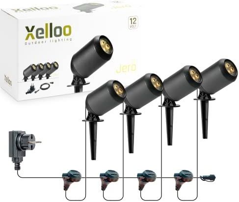 Xelloo® tuinverlichtingsset JERO, 12 Volt, 4 stuks aluminium/PVC designarmaturen 1W LED warm wit met aardespies, IP44 en met schuifaansluiting, makkelijk en veilig zelf uw tuinverlichting installeren