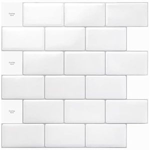 Art3d 10-vel Peel and Stick Tiles Premium Zelfklevende 3D Tegels Metro Backsplash Voor Keuken, Badkamer Vinyl Decoratieve Waterdicht Wandpaneel Glazen Ontwerp, 30,5 x 30,5 cm, Helder Wit