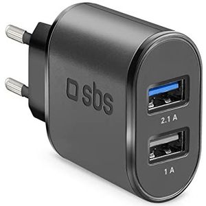SBS 10W -Voeding, Snel Opladen, 1X 2.1A Intelligent Charge (Ic), 1X 1.0A 5W, Compact, Oplader Voor Iphone, Ipad, Airpods, Samsung, Pixel, Tablet, Smartphone, Zwart
