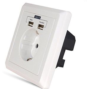 Maclean MCE73 Schuko 230V 220V stopcontact met 2 x USB, past in standaard inbouwdoos, opladen van alle mobiele apparaten, iPod iPhone, iPad, smartphone, MP3, inbouwstopcontact, Schuko, Duits type