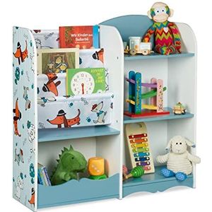 Relaxdays speelgoedkast, 7 vakken voor boeken & speelgoed, hondenprint, HxBxD: 84 x 86 x 26 cm, opbergkast, kleurrijk