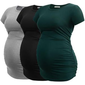 Smallshow Zwangerschapskleding Tops Kant Ruches Zwangerschap Kleding voor Vrouwen 3-Pack, Zwart/Lichtgrijs/Diep Groen, L