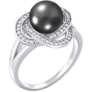 SILVEGO – LPS0044B – Vrouwen 925 Sterling Zilveren Ring Bloem met Zwarte Parel en Zirkonia, Metaal, Parel