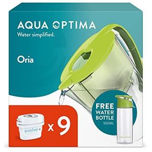 Aqua Optima Oria Filterkaraf en 9 Evolve filterpatronen, 30 dagen, inhoud 2,8 liter en een waterfles van 550 ml, voor de vermindering van onzuiverheden, groen