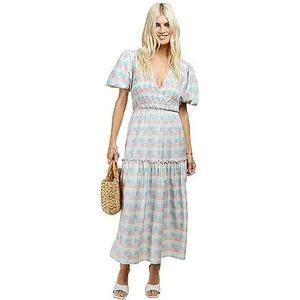 Pastel geruite midi-jurk met pofmouwen Multicolor, Meerkleurig, 38