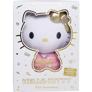 Hello Kitty 50e jaar, pluche kat in gouden outfit met glitterhart, in exclusieve jubileumgeschenkdoos, 30 cm pluche figuur, geschikt voor de eerste levensmaanden