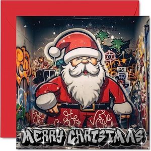 Kerstkaarten voor vrouwen mannen - Graffiti Kerstman - Merry Xmas Kerstkaart Moeder Vader Zuster Broer Neef Oom Tante Beste Vriend, 145mm x 145mm Enkele Kerst Wenskaarten Gift