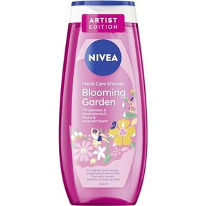 NIVEA Blooming Garden Artist Edition Douchegel, pH-huidneutrale verzorgende douchegel met vitamine C en E, douchebad met de geur van pioenrozen en magnolia (250 ml)