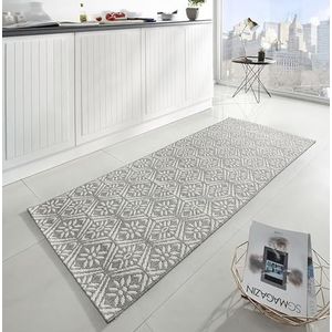 Zala Living Soho Loper, keukenloper, antislip, platweefsel, laagpolig, tapijt, keukentapijt, wasbaar voor hal, keuken, woonkamer, badkamer, grijs-crème, 80 x 200 cm