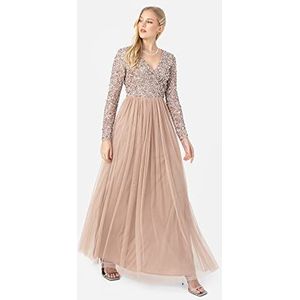 Maya Deluxe Damesjurk voor bruiloften, V-hals, hoge taille, maxi-jurk, lange avondjurk, bruidsmeisjesjurk, Taupe Blush, 42