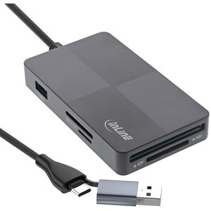 InLine USB 3.2 Multi Card Reader Hub, Kaartlezer, voor SD/TF/MS/XD/CF, 3-poorts USB-A, 5 Gb/s, Dual USB-C/A-aansluiting, OTG-functie, compatibel met Android/Windows/Mac OS/Linux, 66772F