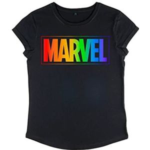 Marvel Dames Rainbow Rolled Sleeve T-Shirt, Zwart, XL, zwart, XL