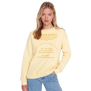 Trendyol Dames ronde hals met slogan getailleerd sweatshirt, geel, L, Geel, L