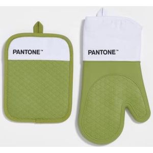 Pantone™ Keukenset met ovenhandschoen en pannenlappen, van katoen met antislip siliconen handvat, nuttig keukenaccessoire, hittebestendig tot 250 °C, wit/lichtgroen