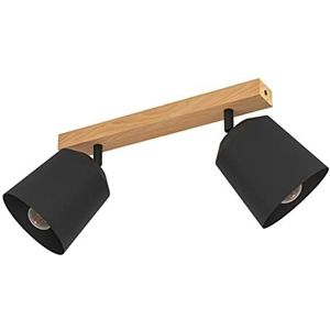 EGLO Plafondlamp, 2-lamps spotbar, plafond lamp met zwenkbare spots, FSC100HB, woonkamerlamp van natuurlijk hout en zwart metaal, plafondverlichting met E27 fitting